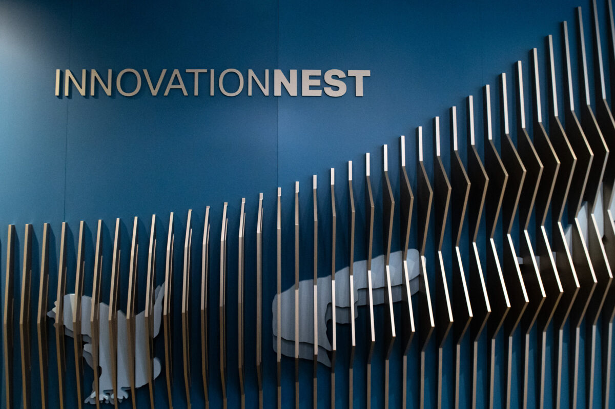 A modern wall design with the word "innovationnest" and abstract bird shapes at an office lobby.