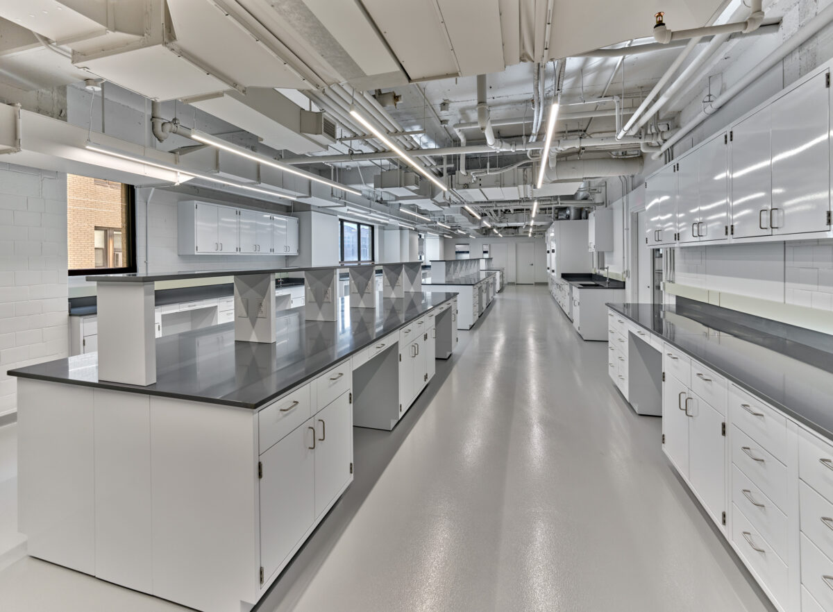 Modern, spacious laboratory with white cabinets, gray countertops, and overhead lighting, featuring a long, central aisle.
