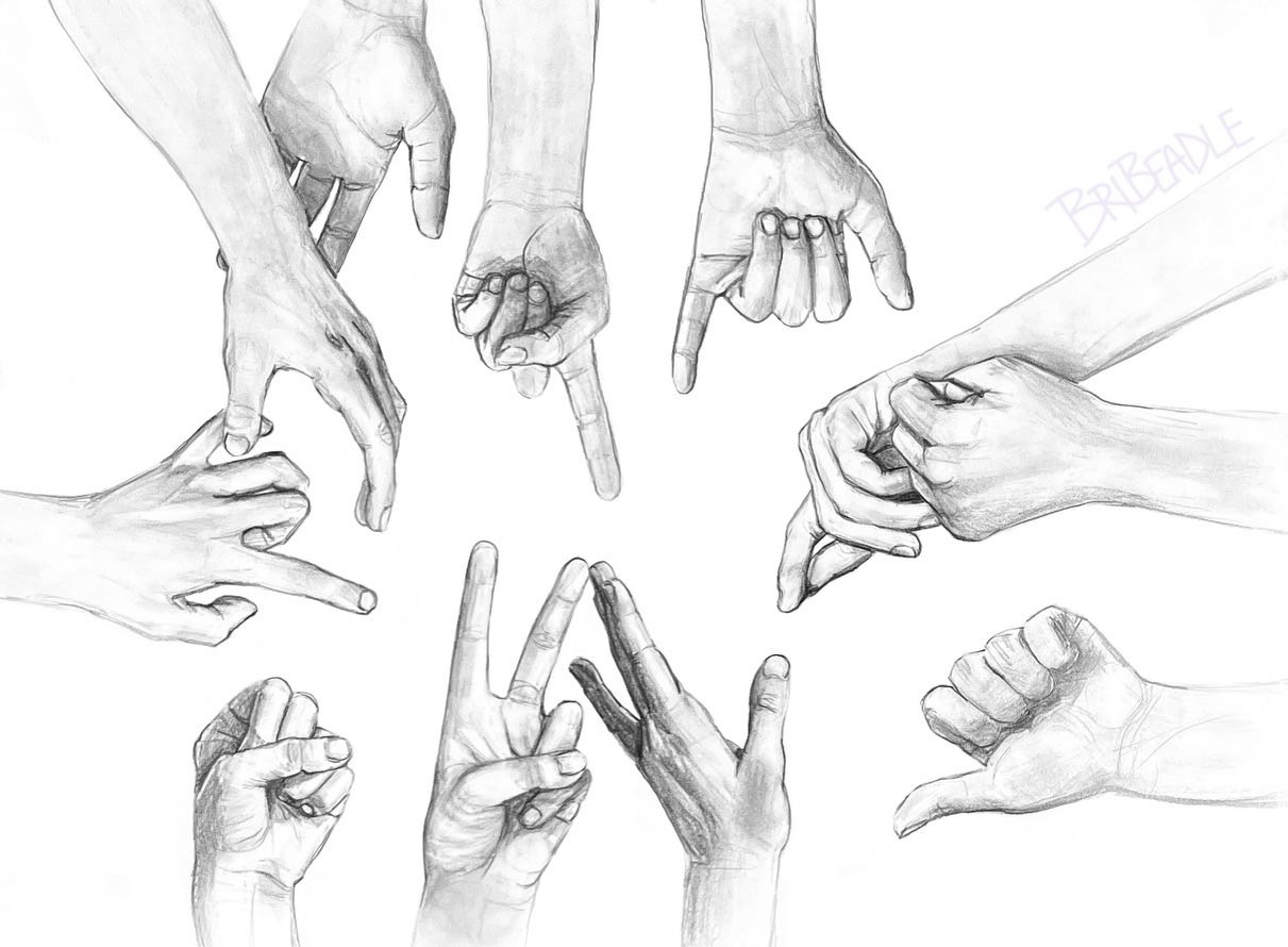 A black-and-white drawing features eight different hand gestures arranged in a circular pattern on a white background.