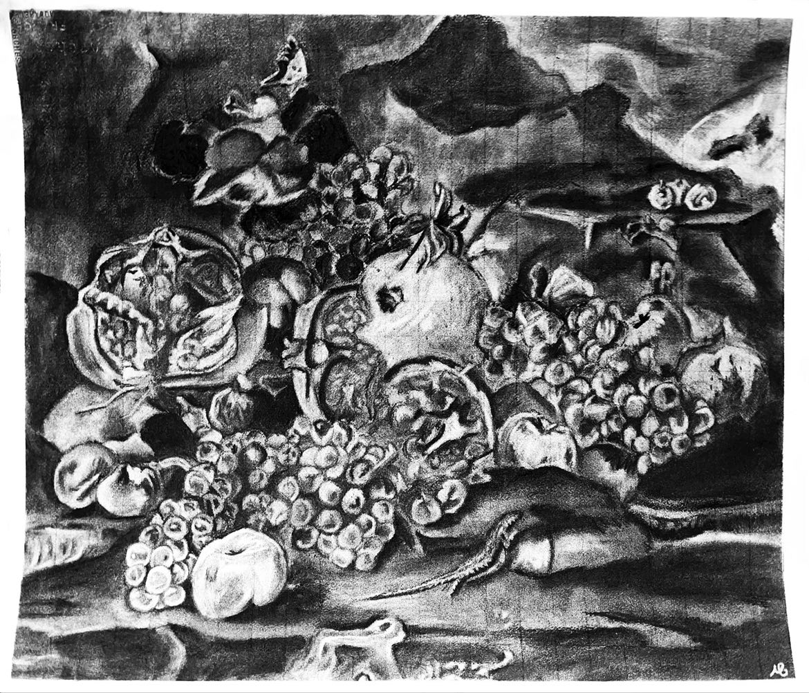 A grayscale still life painting depicting an assortment of fruits, including grapes, pomegranates, and peaches, arranged on a surface.