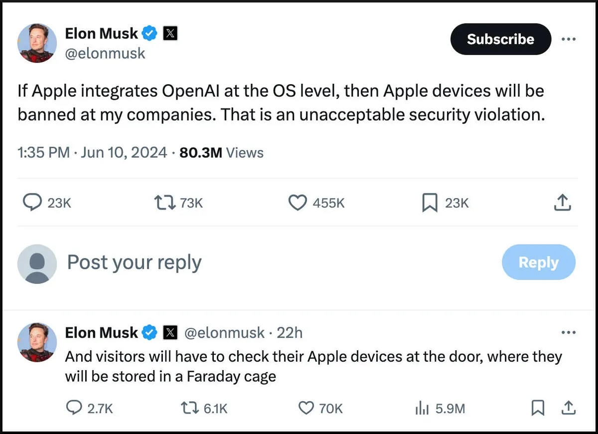 Elon Musk in an X thread on Apple and OpenAI.