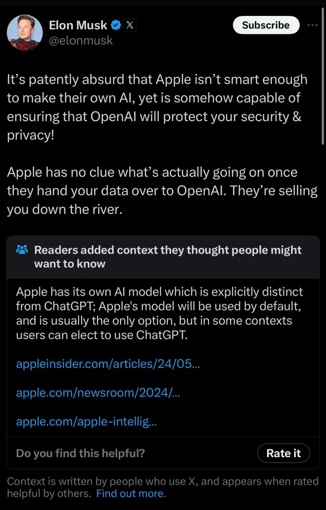 Elon Musk tweets about Apple and OpenAI in white and blue text on black background