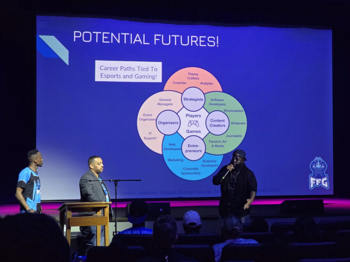 Three presenters stand on a stage in front of a projected slide titled "Potential Futures!" discussing career paths in esports and gaming. The audience is seated and engaged.