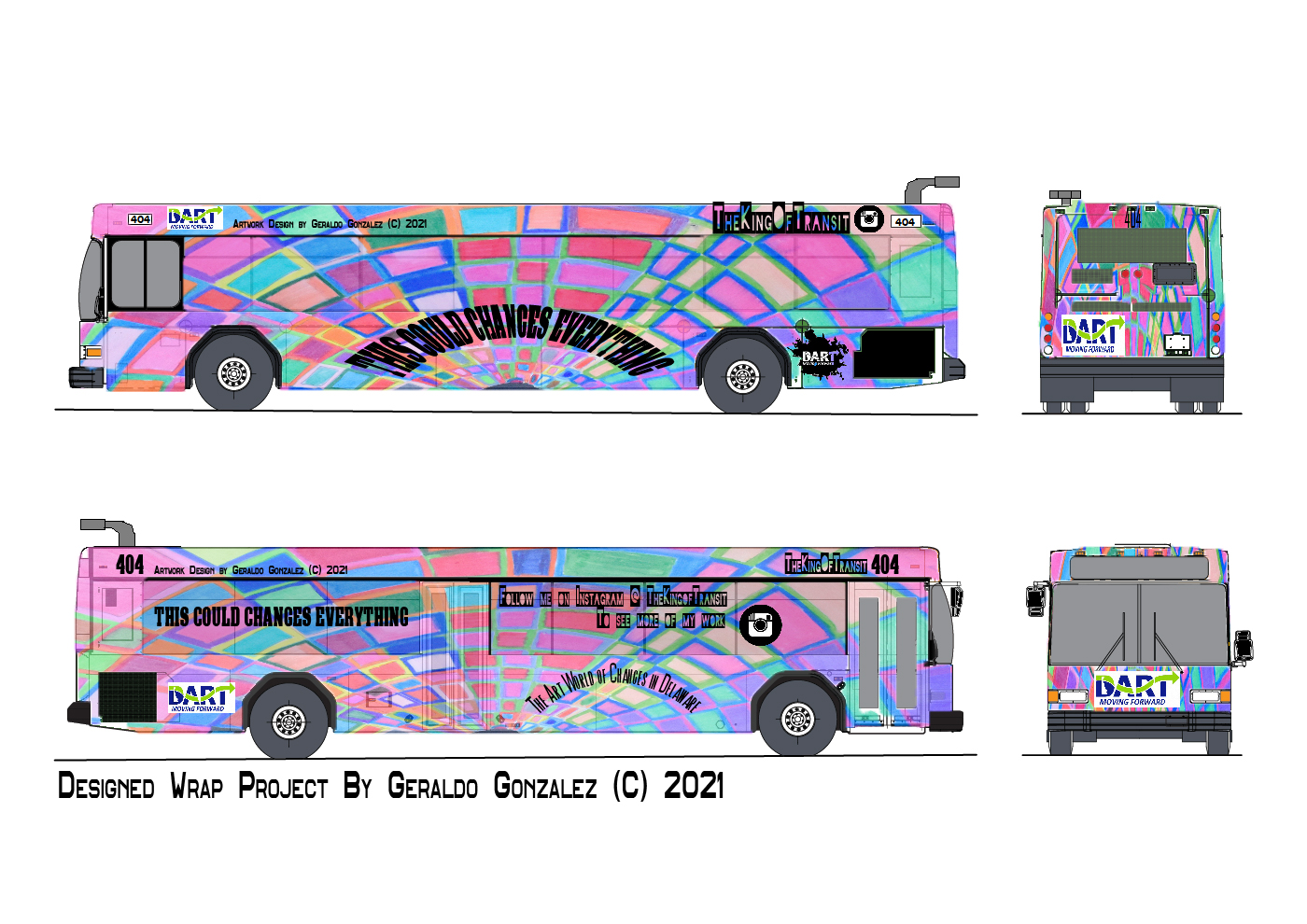 Colorful bus wrap design with a mosaic-like pattern in various pastel shades, created by Geraldo Gonzalez in 2021. Text reads: "This could change everything" and advertises a "Free Screenings & Awareness Event.