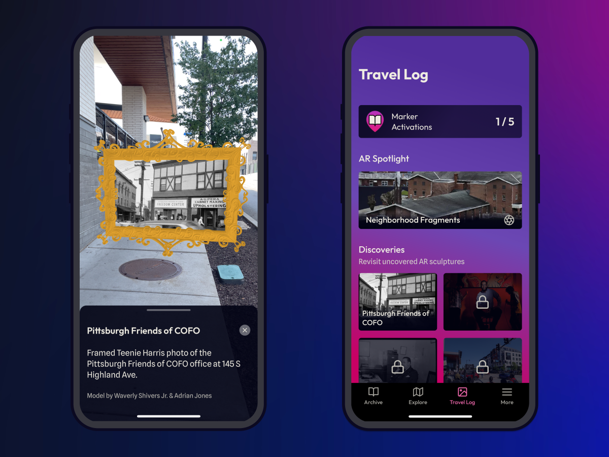 Two smartphones display an AR app. The left screen shows a framed photo at a sidewalk location. The right screen shows a travel log with AR features, unlockable experiences, and a purple gradient background.