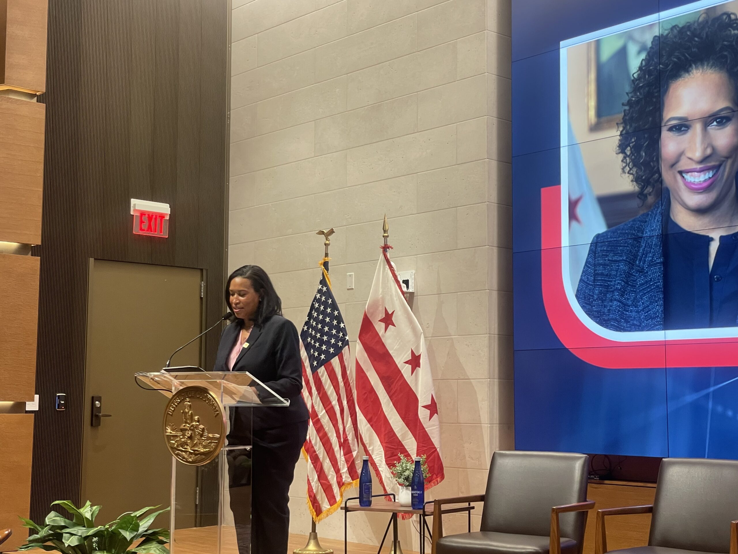 A person stands at a podium in a room with flags and a large screen showing a woman's portrait.