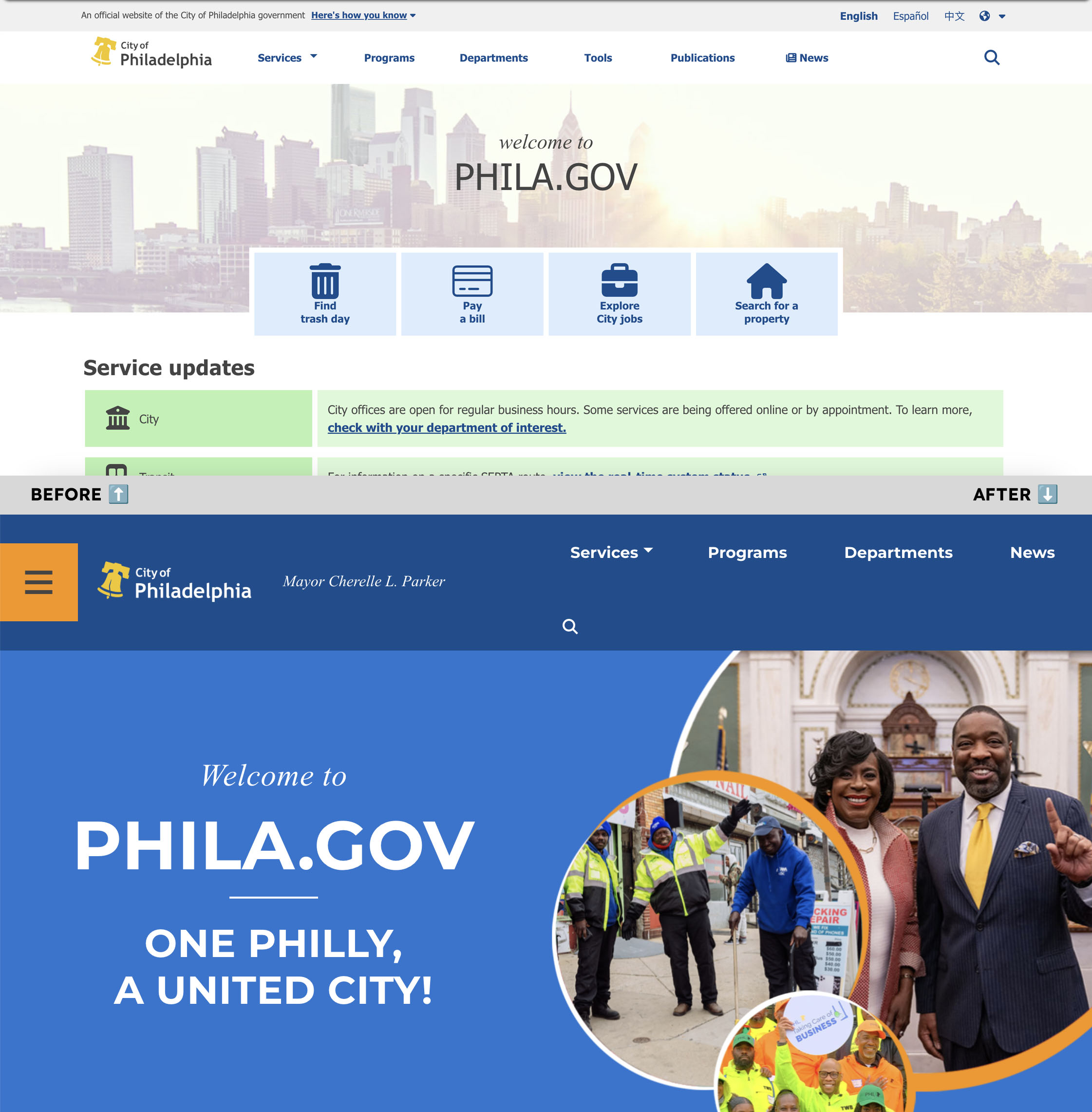 Screenshot of Philadelphia's official government website homepage with navigation menu, service updates, and slogan "One Philly, A United City!"