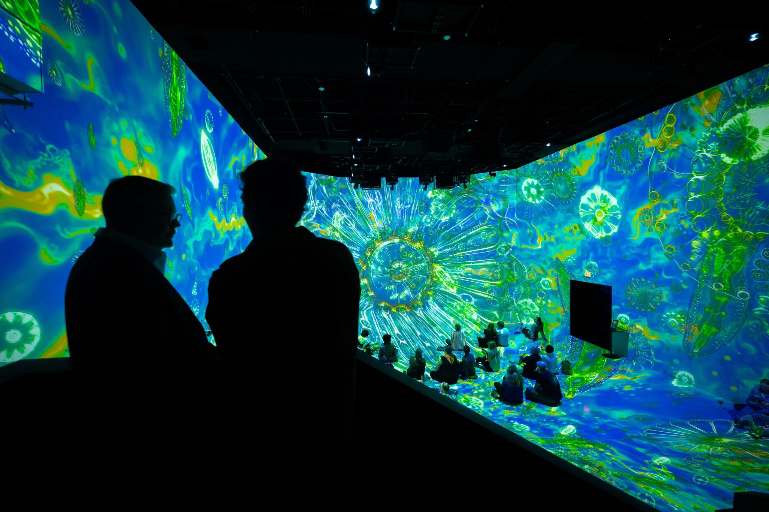 Two silhouetted people stand behind a seated crowd surrounded by blue and green immersive visualization.