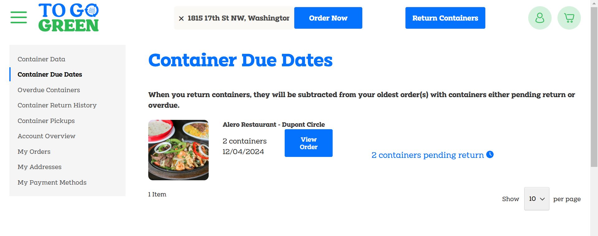 Screenshot of a webpage showing "Container Due Dates" information. It lists a return for Alero Restaurant with a due date of 12/04/2024 and indicates 2 containers pending return.