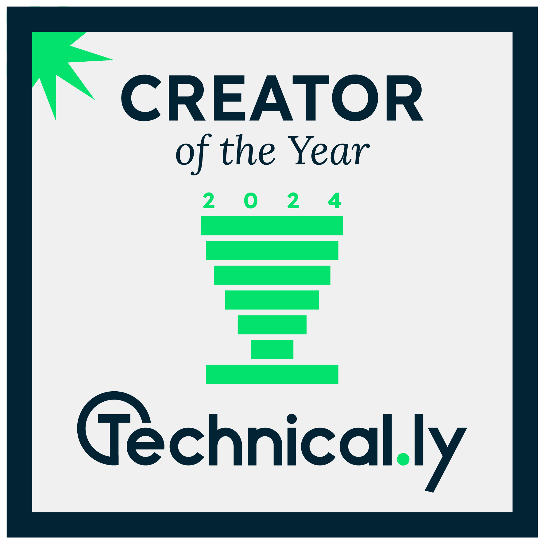 Badge reading "Creator of the Year 2024" with a green abstract trophy above the "Technical.ly" logo.