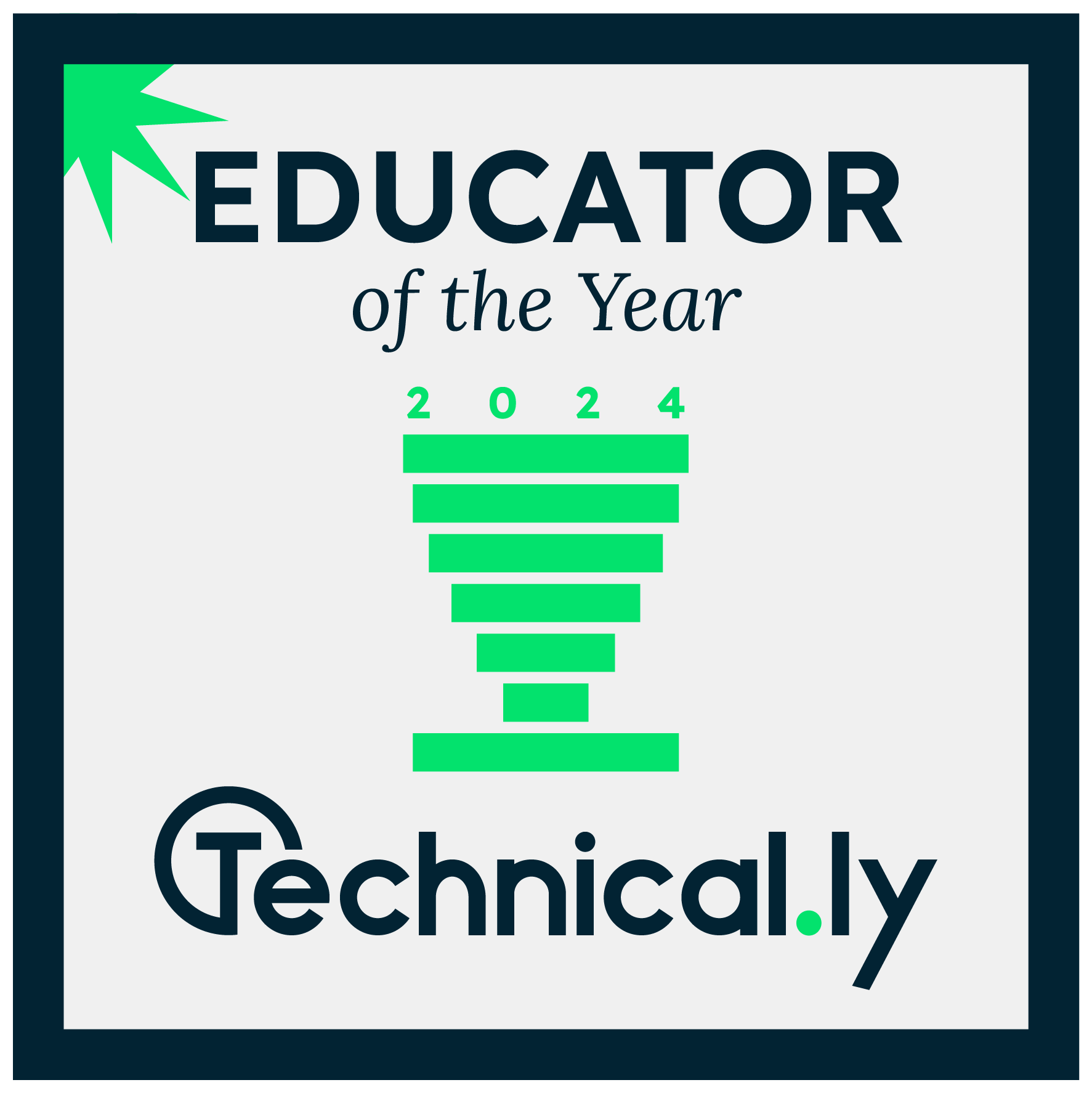 "Educator of the Year 2024" award graphic by Technical.ly, featuring a stylized green trophy on a light gray background.