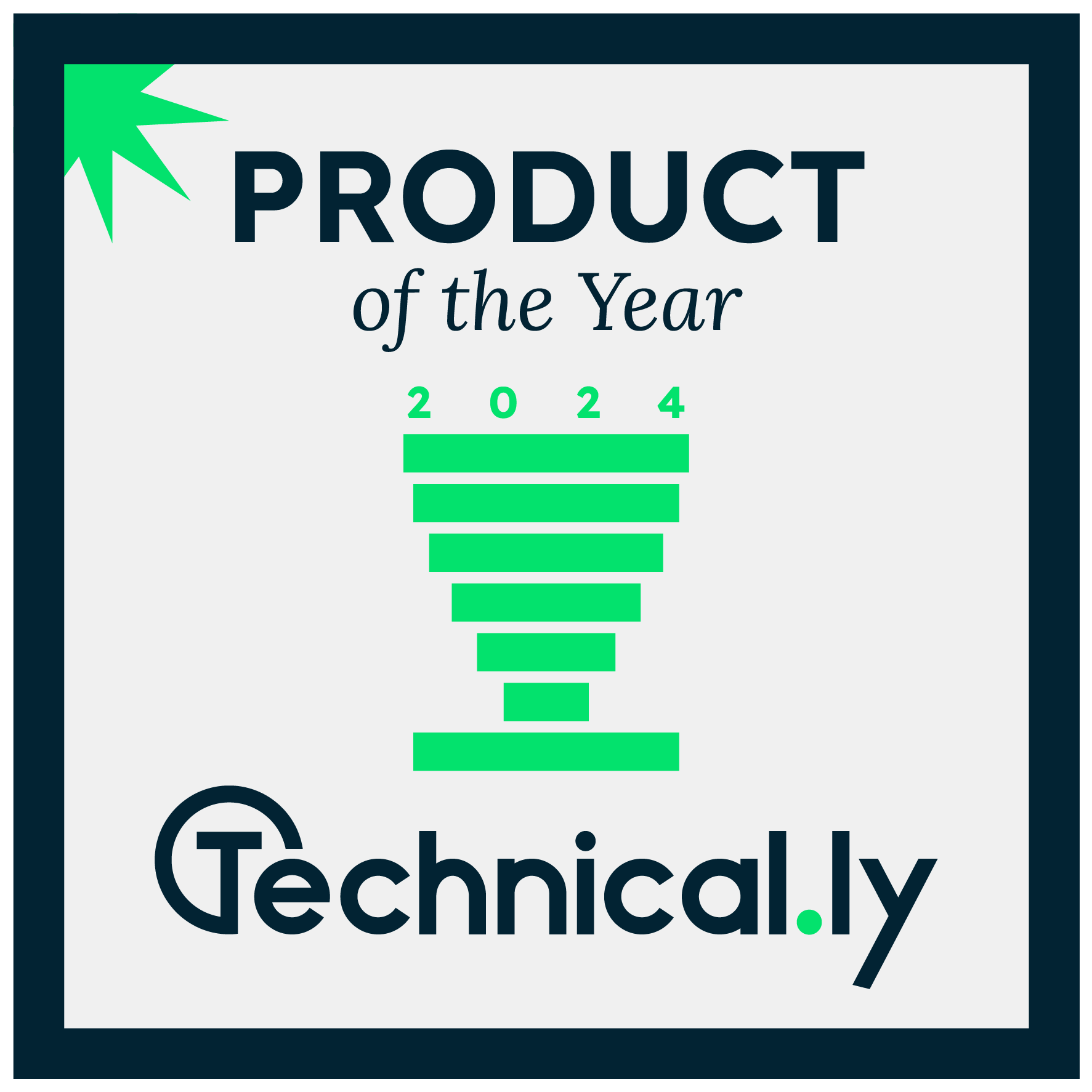 Logo with "Product of the Year 2024" by Technical.ly, featuring a green award icon resembling stacked layers on a white background.