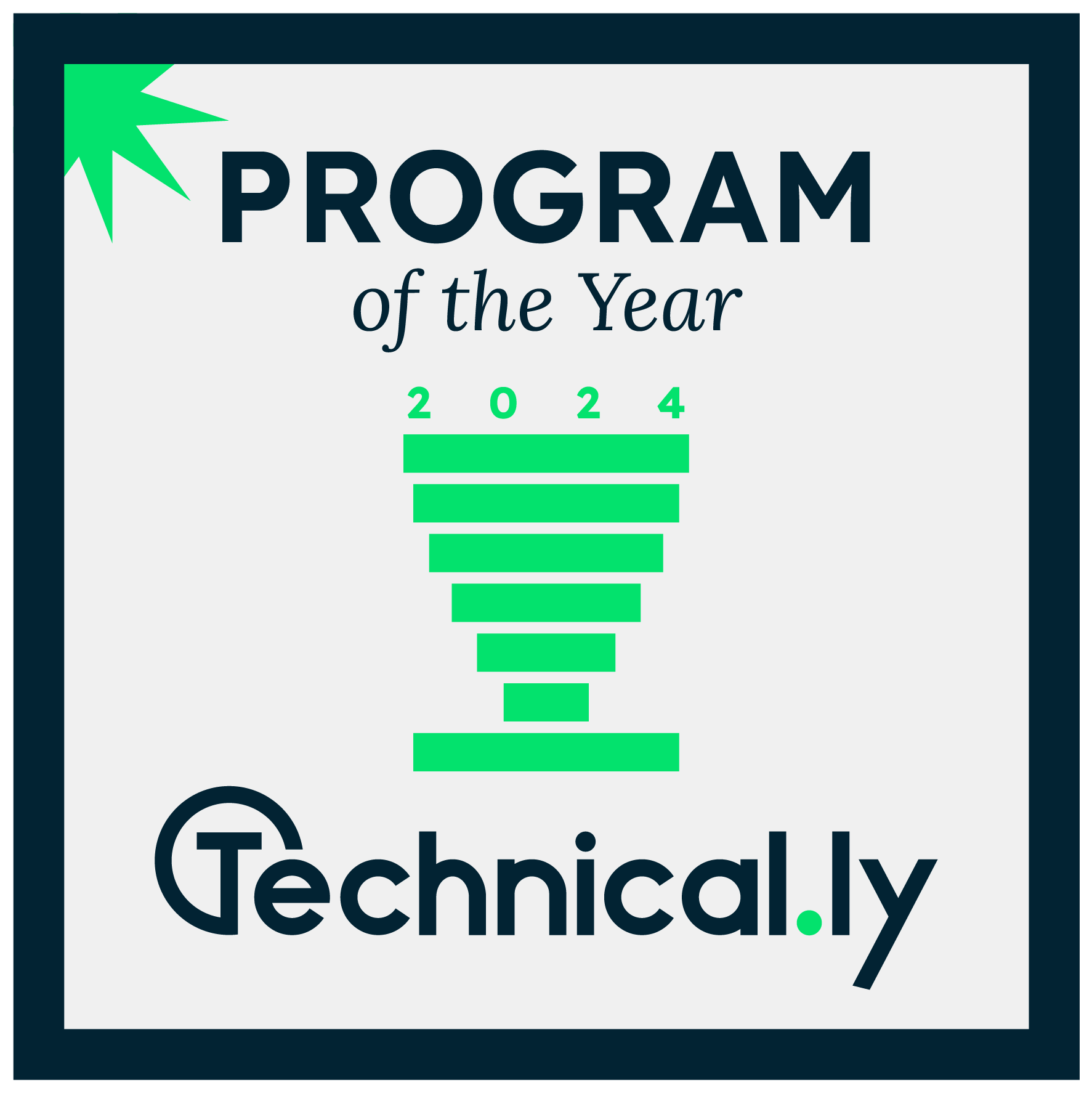 Award plaque titled "Program of the Year 2024" with the logo of Technical.ly, featuring a stylized green design on a gray background.