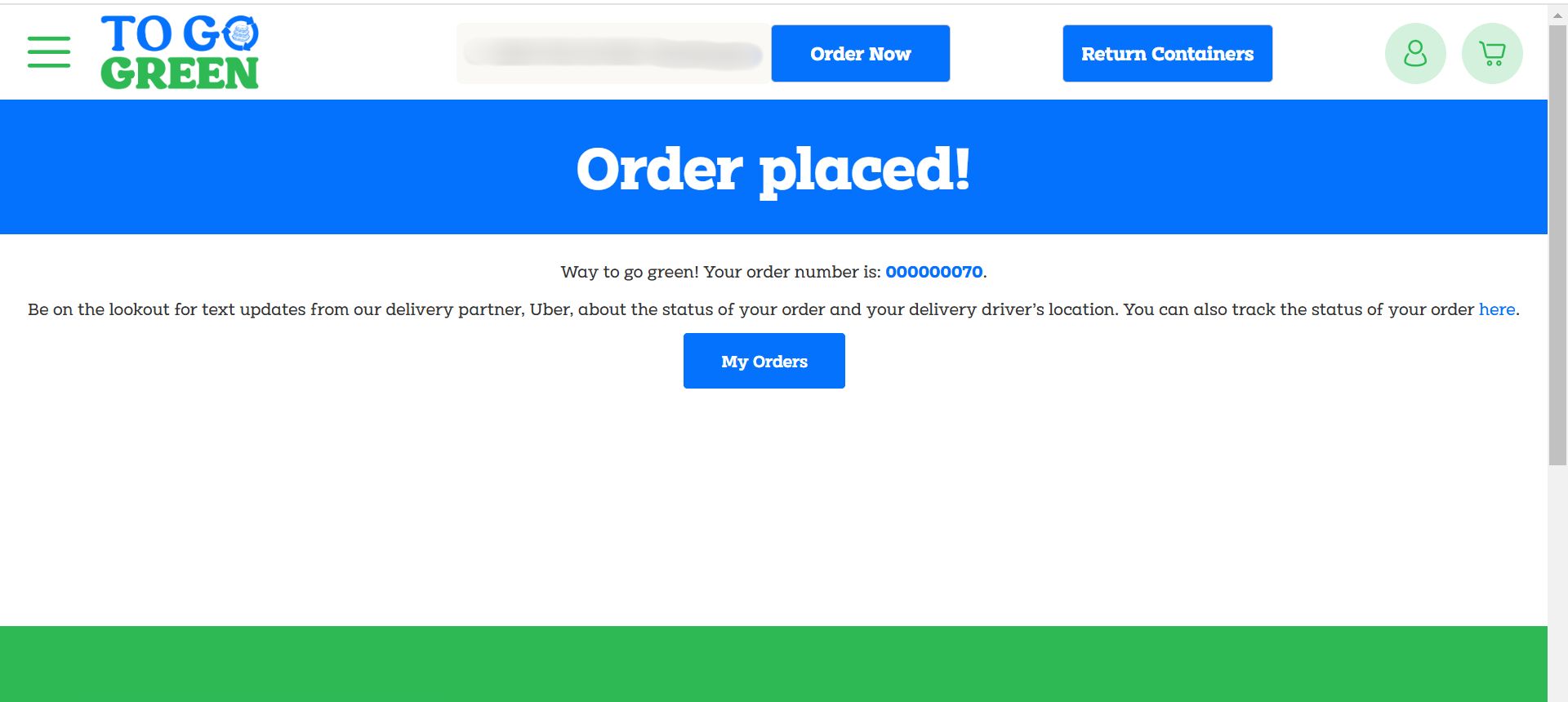 Order confirmation page from To Go Green, displaying a confirmation message and order number. Options for tracking orders and returning containers are visible.