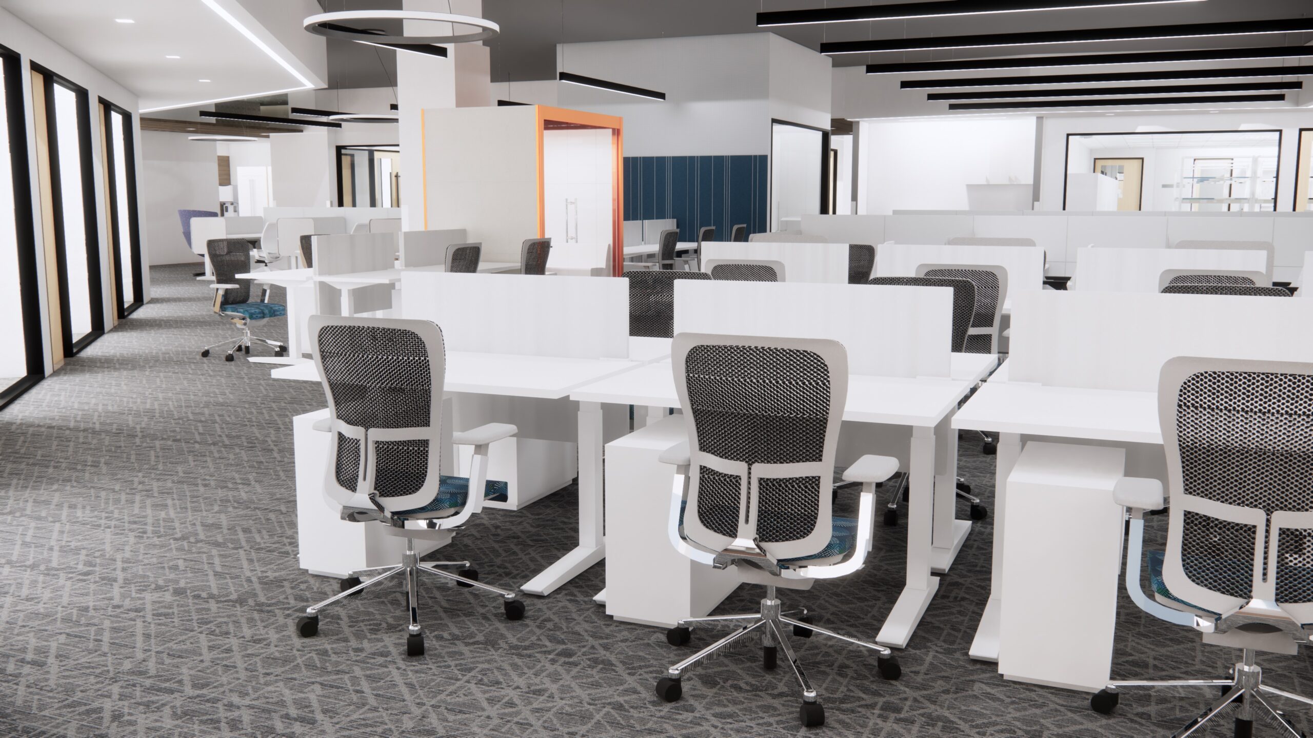 Modern open-plan office with white desks and ergonomic chairs, featuring glass partitions, carpeted flooring, and a neutral color scheme.